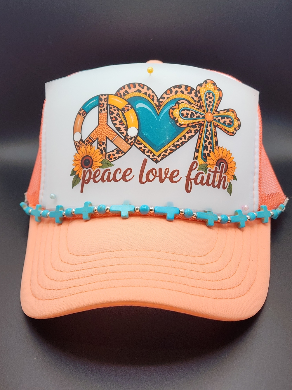 OTTO Coral Trucker Hat with Turquoise Beaded Cross Accent